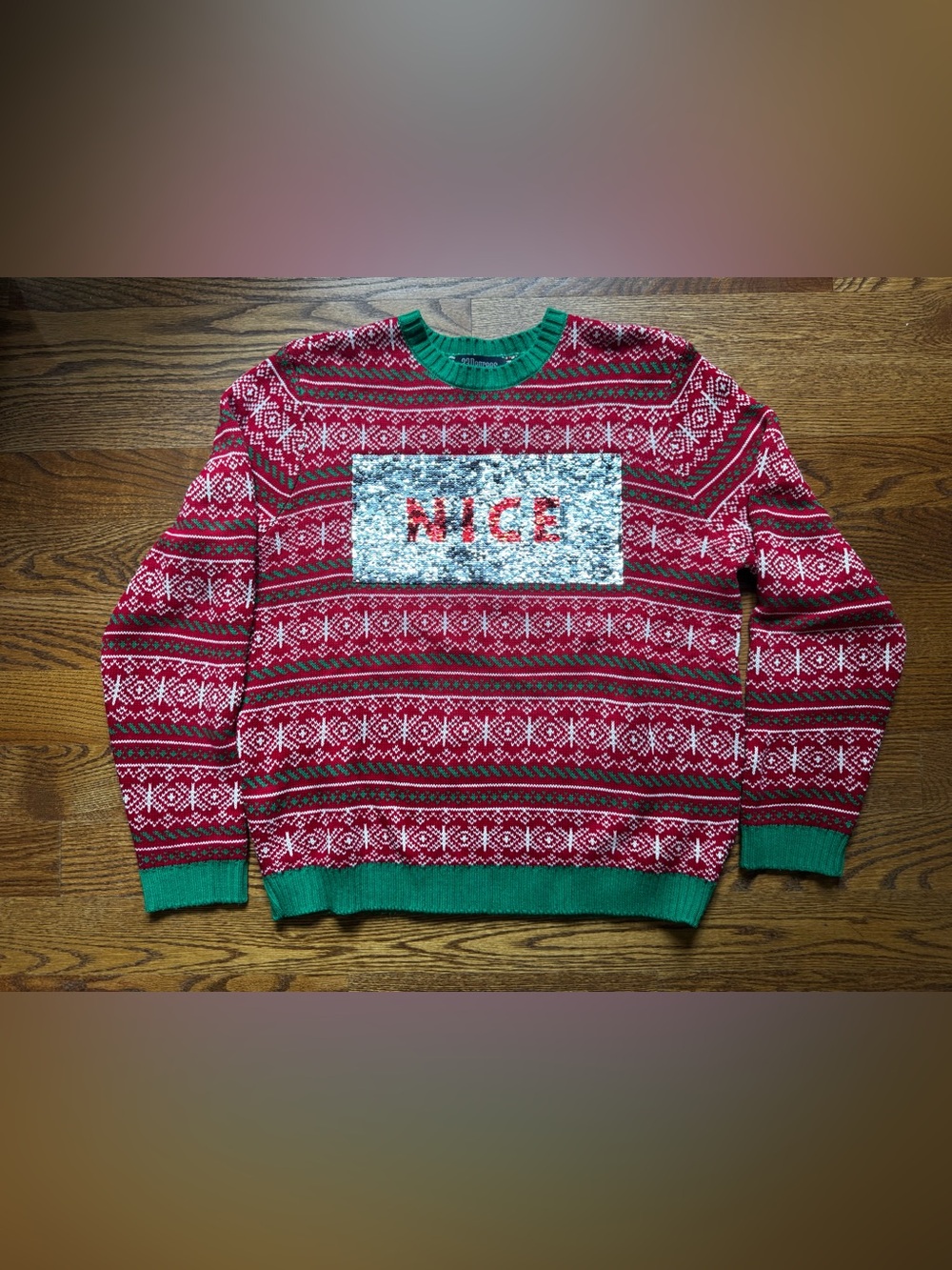 33 Degrees Men’s L Ugly Christmas Sweater Naughty Nice Flip Sequin